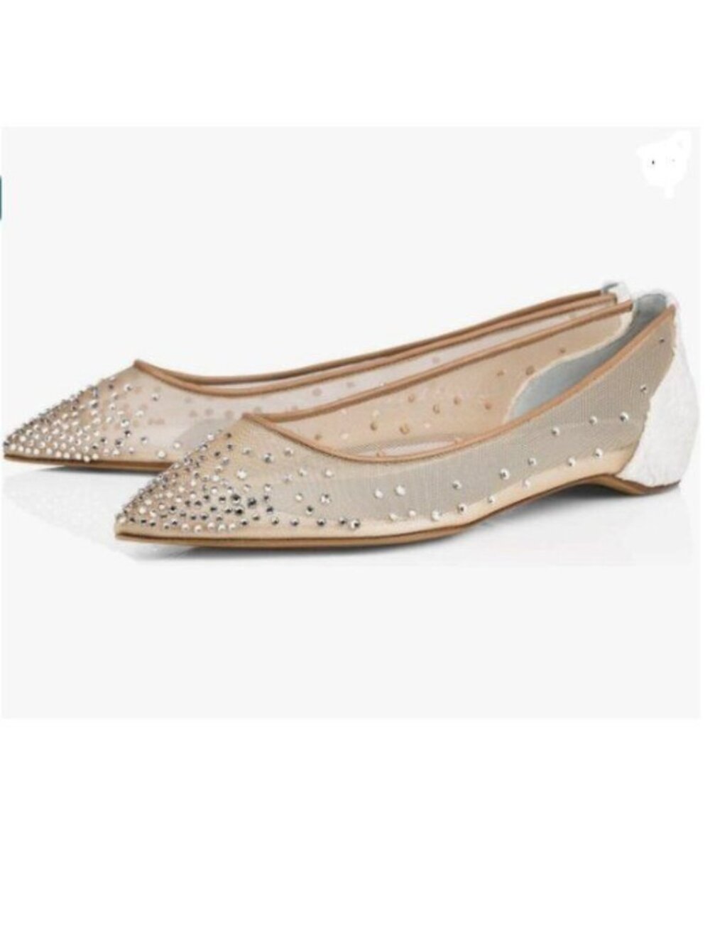 XYD Women Rhinestones Studded Ballet Flats Mesh Rivets Hidden Heels White Nude